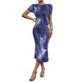 thumbnail image 3 of Women'S Tie Dye Crew Neck Hem Bodycon Short Sleves Dress Long Dresses Blue S, 3 of 7