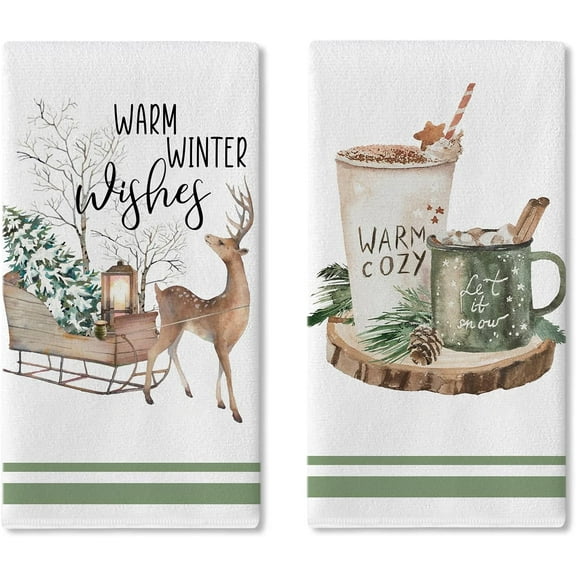 Warm Winter Wishes Reindeer Kitchen Dish Towels Set of 2, Let It Snow Hot Cocoa Sleigh Pine Tree Drying Hand Towel Baking Cooking Cloth, Christmas Cozy Bathroom Home Decoration 16 x 24 Inches