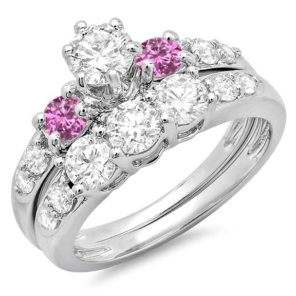 Dazzlingrock Collection 14K Round Pink Sapphire & White Diamond 3 Stone Bridal Engagement Ring Set, White Gold, Size 5.5