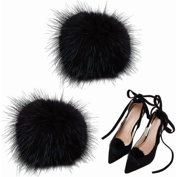 2 unidades de adornos para zapatos de piel de visón esponjosa, color negro, con hebilla extraíble y bolas de peluche. Ideales para zapatos de tacón alto.