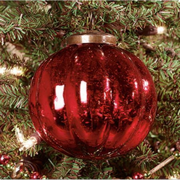 RED Ridged Glass Mercury Ball Christmas Ornament, 3