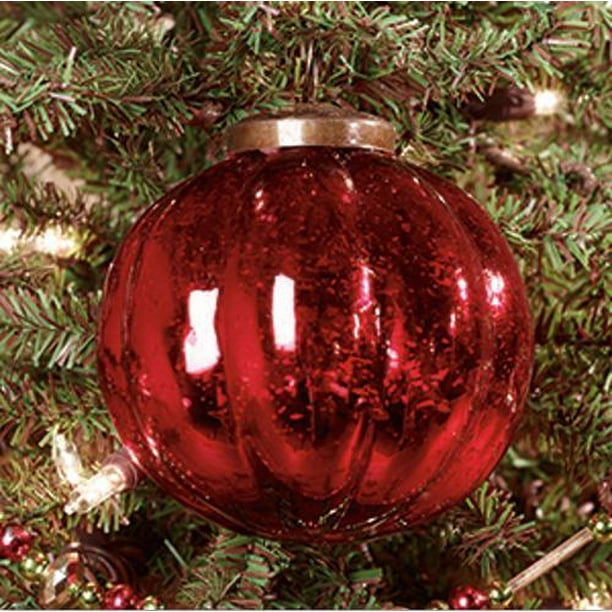 RED Ridged Glass Mercury Ball Christmas Ornament, 3" Diameter, by