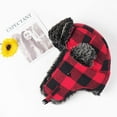 thumbnail image 3 of Buffalo Plaid Aviator Fur Trapper Hat Russian Bomber Hat with Ear Flaps for Women Men, Red, 3 of 7