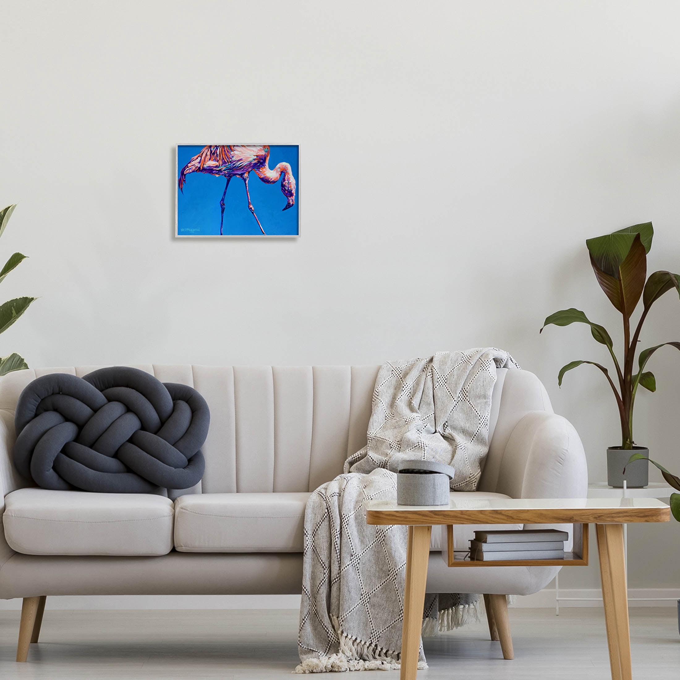 Bold Blue Modern Flamingo Animals & Insects Graphic Art Gray Framed Art Print Wall Art