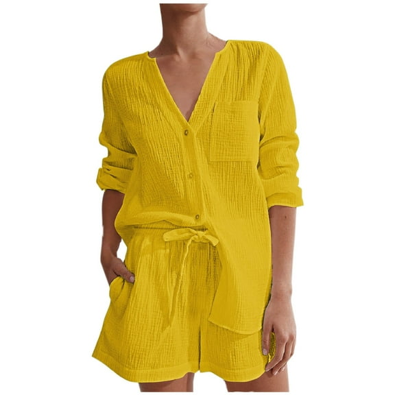 Diufon Womens 2pc Cotton Outfits V Neck Button Long Sleeve Shirts Elastic Waist Shorts Lounge Sets
