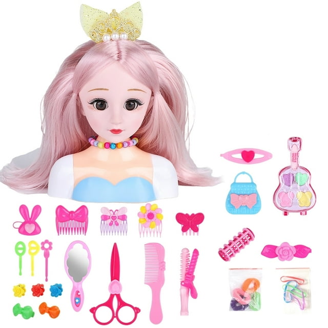 25Pcs Hair Styling Model Doll Head Playset, Hairdressing Makeup Dolls Toy With Hair Clips, Combs, Mirrors, Cosmetics