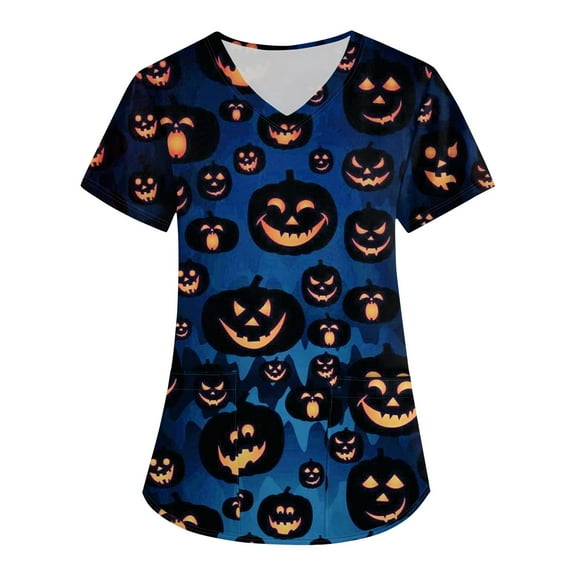WTOBBY Women's Casual V-Neck Short Sleeve Work T-Shirt with Small Pocket, Featuring Halloween Print for Caregiver Fashion and Nursing Uniforms,Blue L