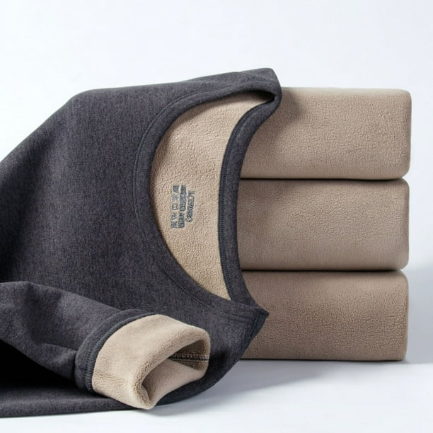 Ropa interior con forro polar para hombres y mujeres, terciopelo de cordero grueso, color sólido, de mediana edad, base cálida, cuello redondo, traje cálido