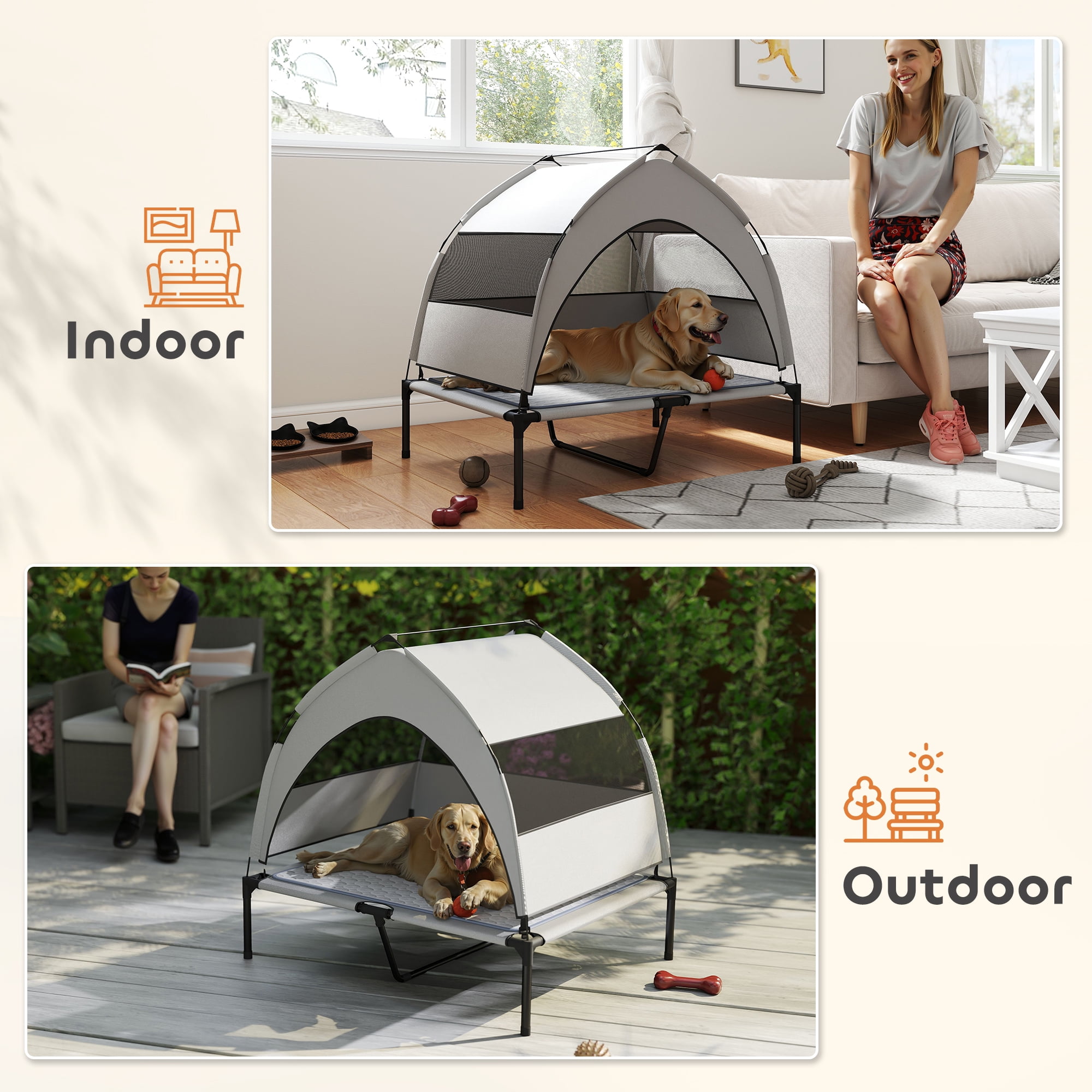 PawHut Elevated Dog Bed, Portable Raised Pet Bed with Removable Canopy, Cooling Pad, Storage Bag, Outside Pet Cot for Large Dogs, 36" x 29.5" x 35"