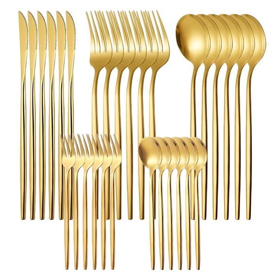 BPPEG Silverware Sets,30 Pieces Stainless Steel Flatware Set,Utensils Set Service for 6,Tableware Cutlery Set for Home and Restaurant,Knives Forks Spoons,Mirror Polished,Dishwasher Safe,Gold