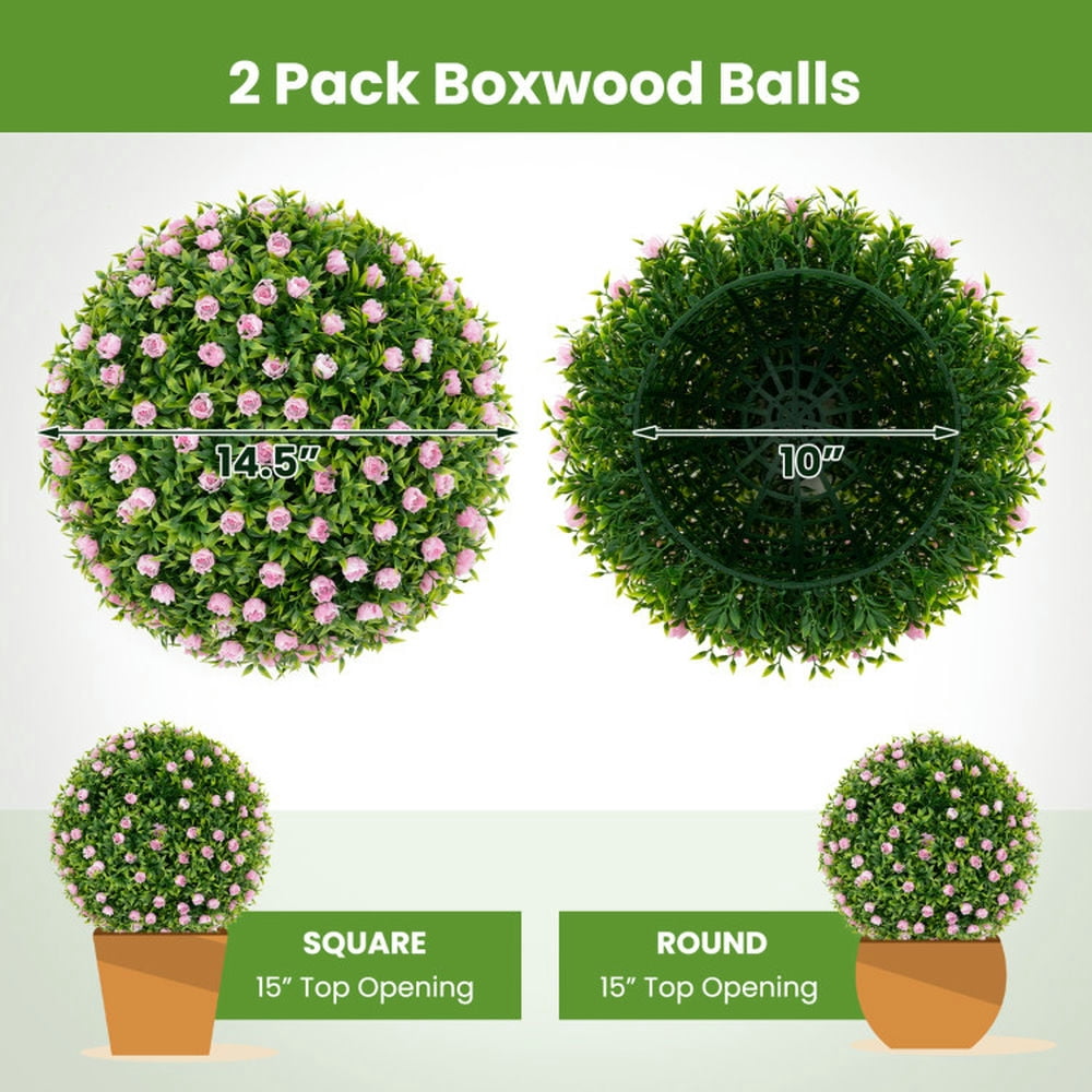 Spaco 2 Pieces Artificial Plant Topiary Balls, 17.5 Inch Faux Decorative Balls with Pink Flowers, Artificial Topiary Balls for Indoor and Outdoor, Green