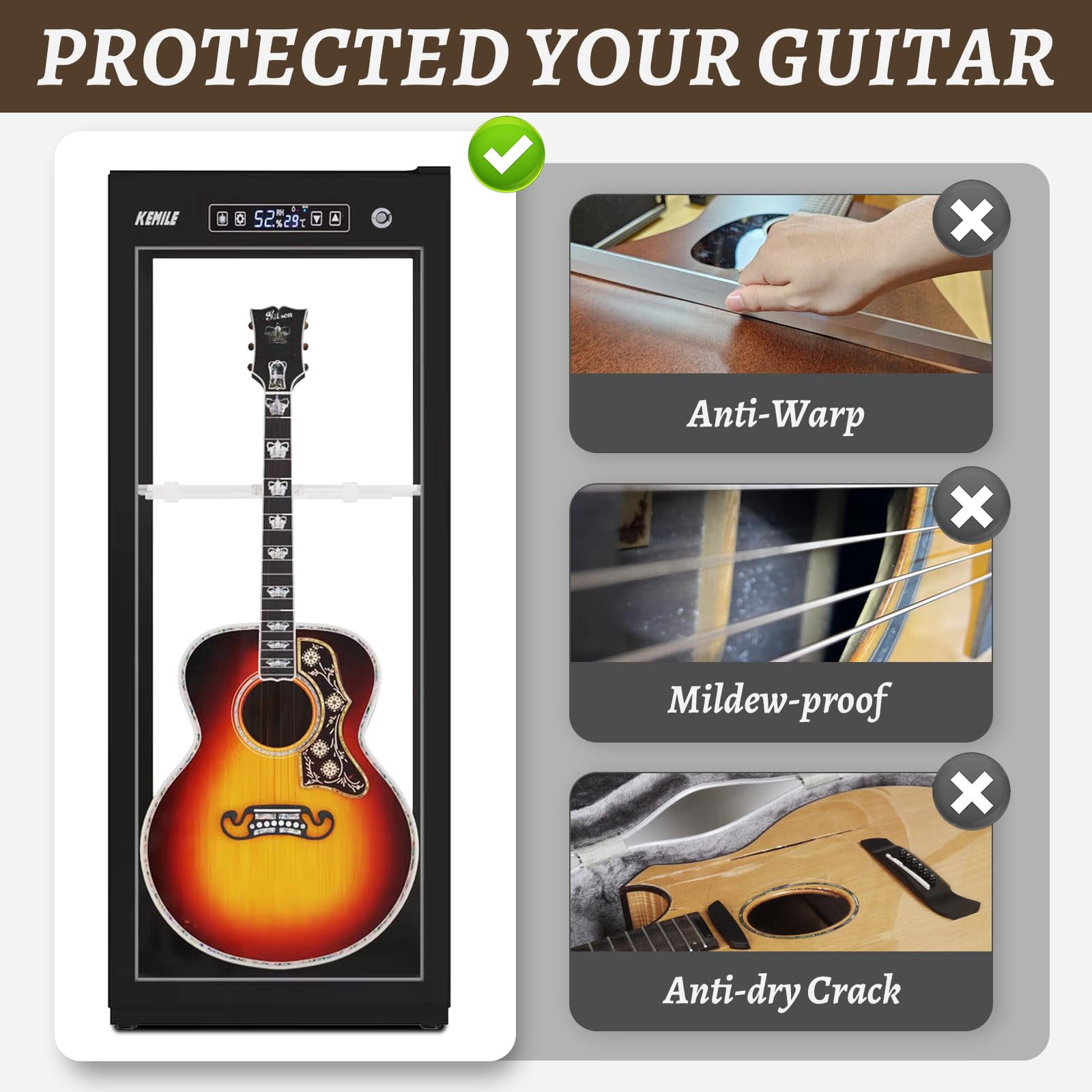 Chehery Guitar Display Case with Humidification, Constant Temperature, Fingerprint Lock, Holds 3 Acoustic/4 Electric Guitars, 4‑Sided Glass Cabinet
