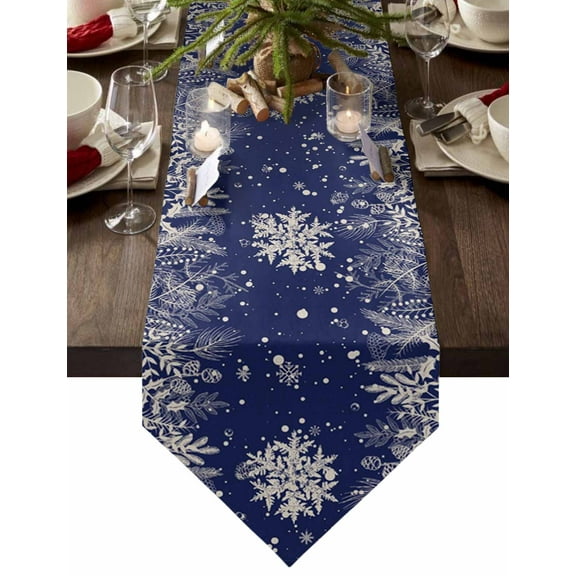 Table Runner Dresser Scarves Christmas White Botanical Leaves Cotton Linen Burlap Table Cover White Snowflake on Blue Table Runners for Family Kitchen Dining Holiday Party Banquet Decor