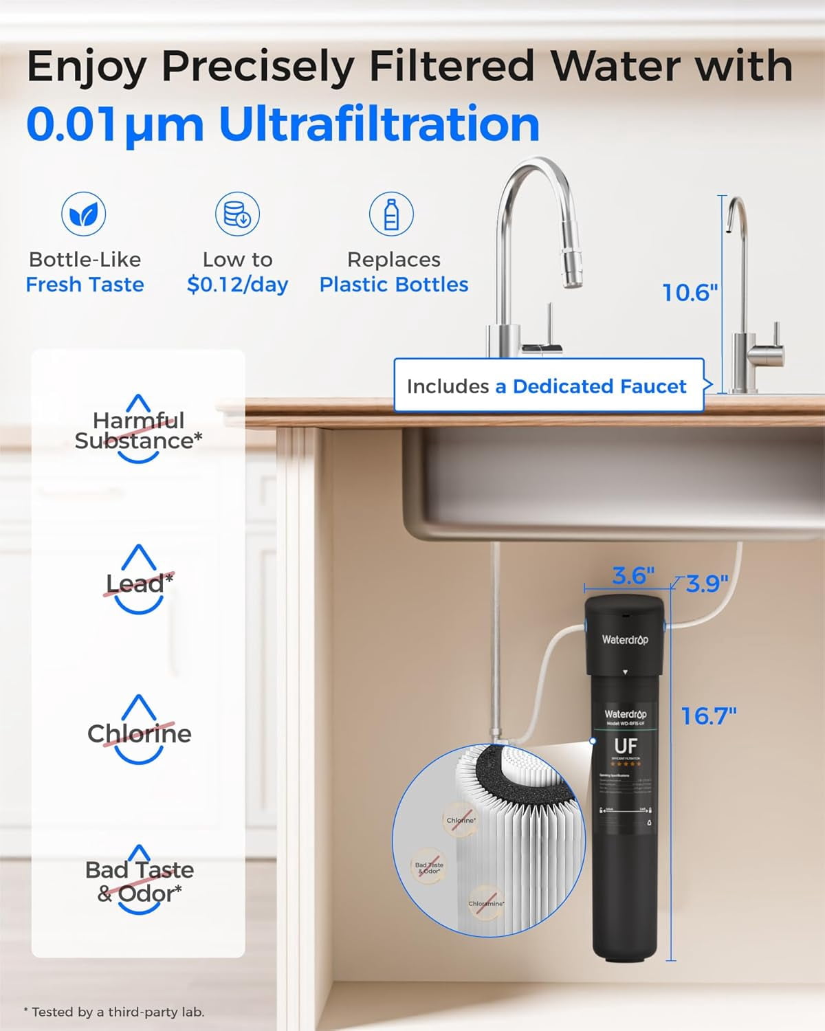 Waterdrop 15UB-UF Under Sink Water Filter System, 0.01 Micron Ultra Filtration Under Counter Drinking Water Filtration System, with Dedicated Brushed Nickel Faucet, 16K High Capacity, USA Tech