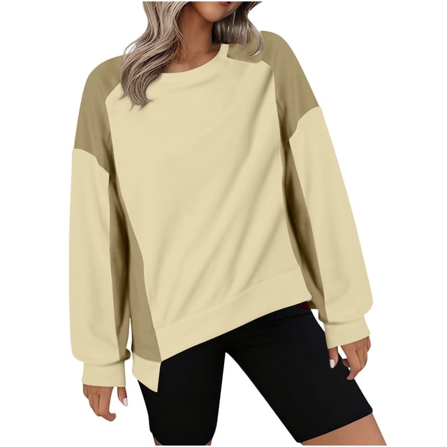 aidice Tops for Women Casual Raglan Sleeve Crewneck Loose Comfy Fitting High Low Hem Color Block Shirts