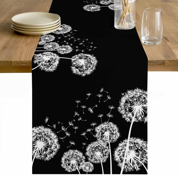 White Dandelion Table Runner - 70 Inch Long Spring Flowers Botanical Vintage Black Cotton and Linen Blended Dress Scarves Farmhouse Table Runner for Kitchen Dining, Coffee Table, 13" x 70"