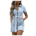thumbnail image 4 of Ichuanyi Dresses for Women 2022, Fall Women's Plus Size Zipper Casual V Neck Short Sleeve Dress Denim Faux Jean Dress, 4 of 9