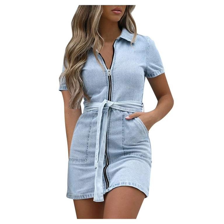 Auroural Black And Friday Deals Clearance Dresses That Hide Tummy Bulge  Women's Plus Size Zipper Casual V Neck Short Sleeve Dress Denim Faux Jean