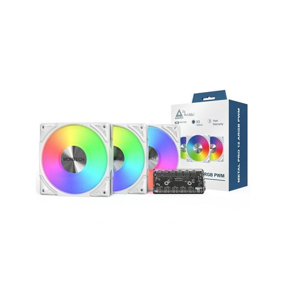 MONTECH Metal PRO 12 ARGB PWM Fluid Dynamic Bearing 600-2200RPM, Pressure Focused 3.81mmH2O, Airflow 76.2CFM, 4-Pin, 3 in 1 Pack with 6X6 Fan Hub - 120mm White