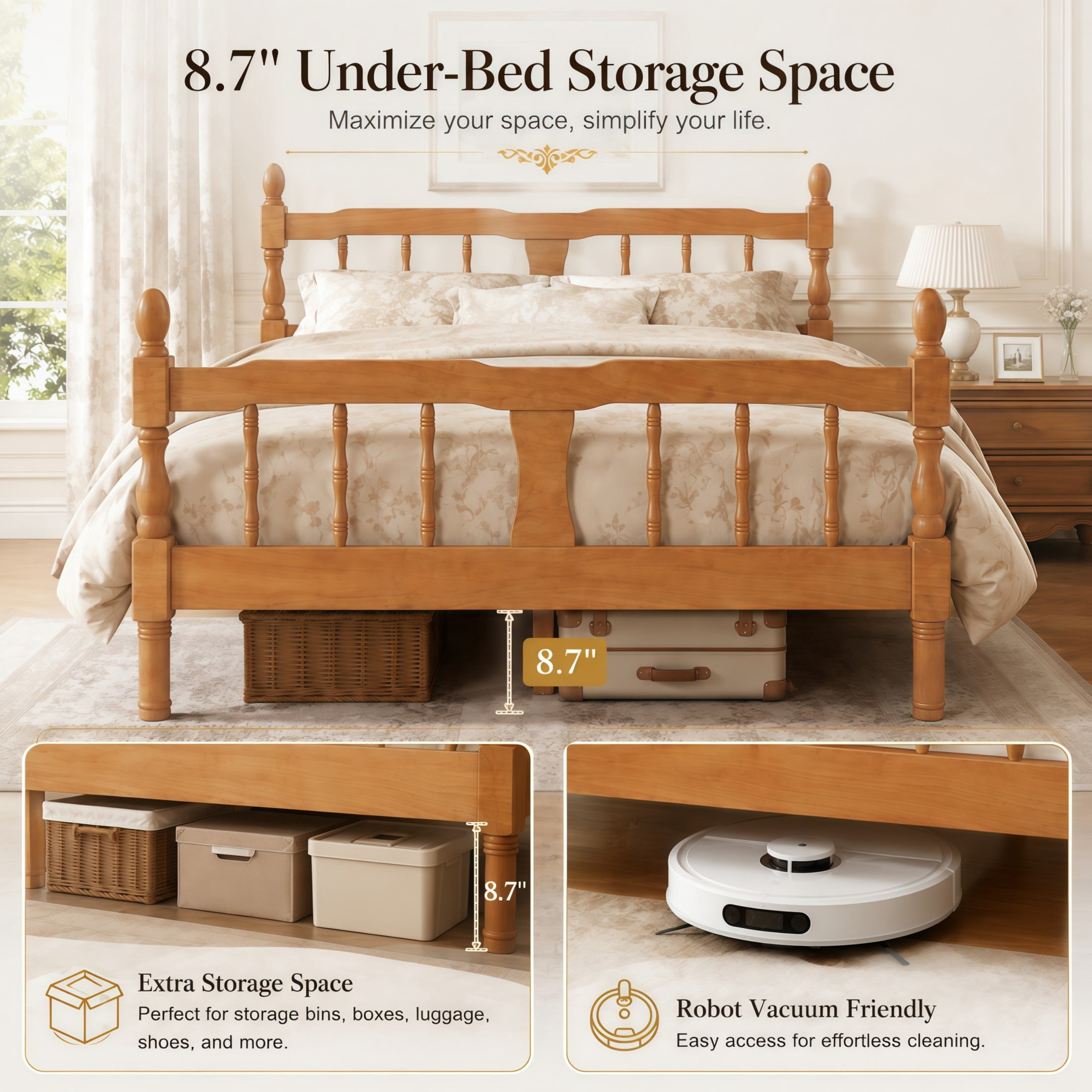 GDF Studio Betty Full Size Wooden Platform Bed Frame with Spindle Headboard, Traditional Farmhouse Style, Walnut