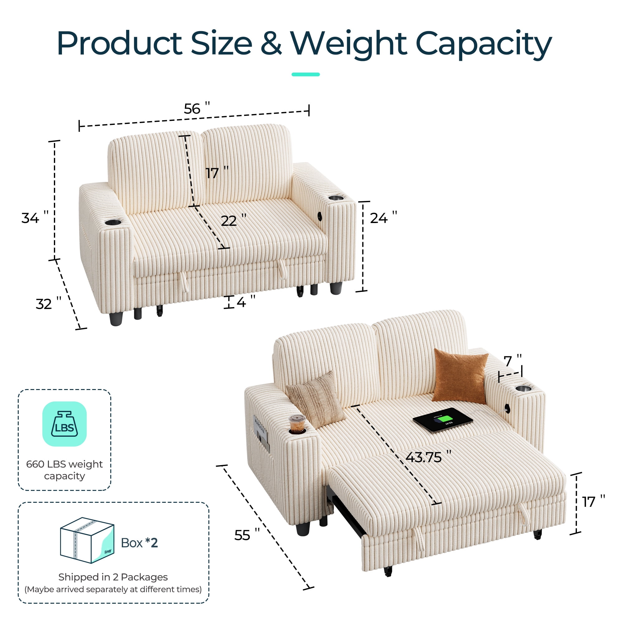LINSY HOME Pull Out Couch Chaise Lounge for Living Room, Convertible Loveseat Sofa Couch With Usb & Cup Holder, Beige