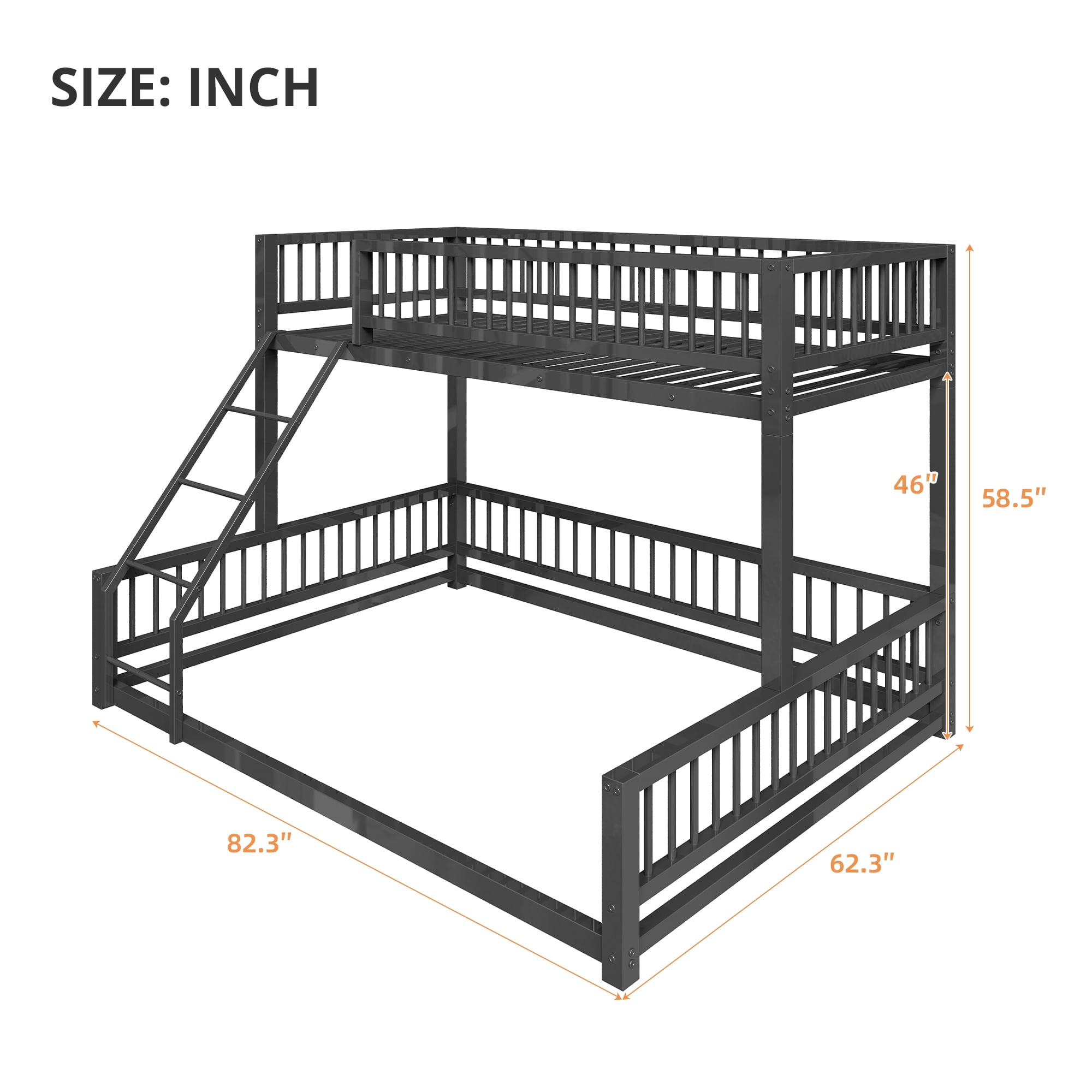 Leumius Twin XL over Queen Bunk Bed,Heavy Duty Metal Bunk Beds for Adults and Kids,Floor Bed Frame with Ladder and Safety Guardrails, Easy Assemble,Black