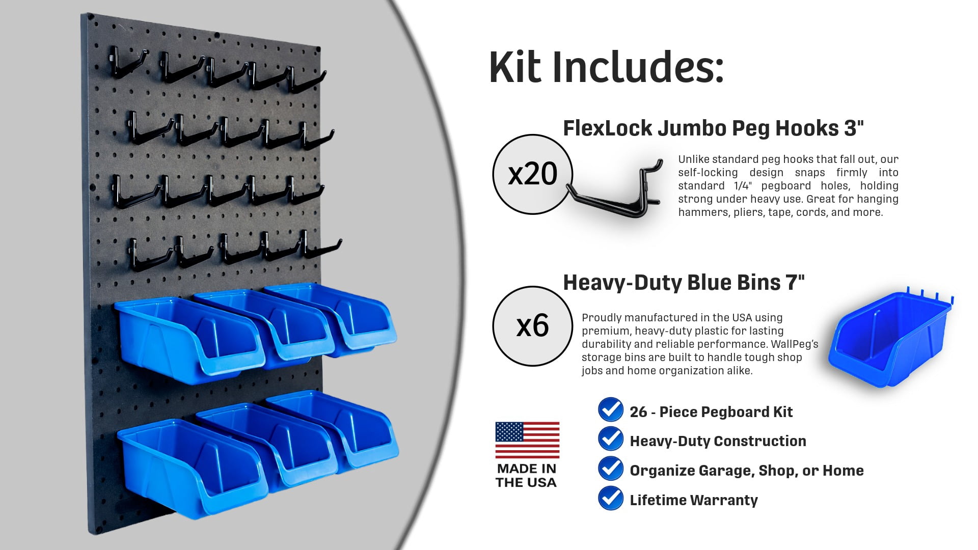 WallPeg Nerf Organizer Accessory Kit – 6 Large Cobalt Blue Pegboard Bins Ammo Storage & 20 Jumbo Peg Hooks for Mounting Nerf Blasters