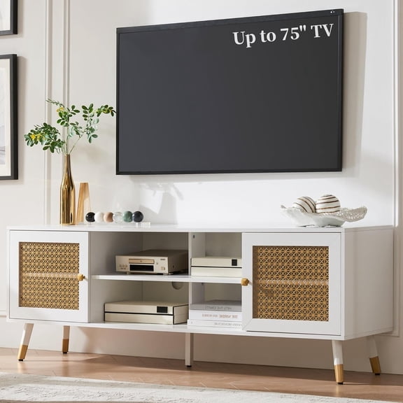 Modern Entertainment Center for TVs up to 75 inches, Boho TV Console with Storage Cabinet and Open Shelf, Large TV Stand for Living Room, White