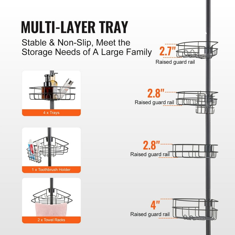 KFFKFF Tension Rod Shower Caddy, Adjustable Height from 56" to 114", Versatile Shower Tension Rod with Robust Tray Capacity, Corrosion-Resistant and Simple to Set Up