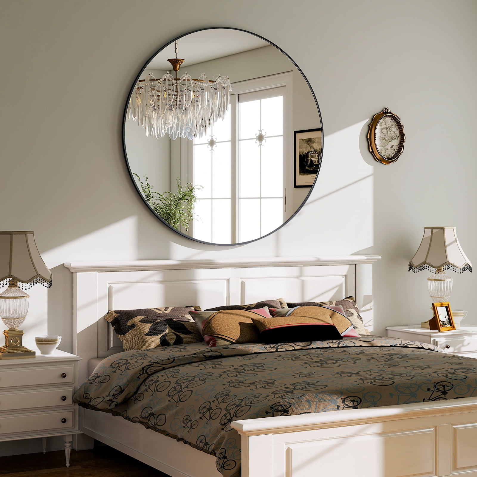 AUROMIR‌ 42" Bathroom Mirror Round Mirror Wall Vanity Mirror with Metal Frame, Black