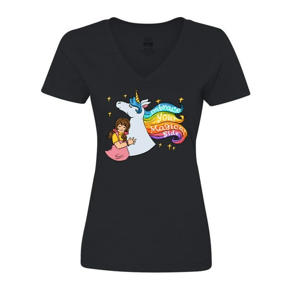 Inktastic Embrace Your Magical Side Girl Hugging A Unicorn Women's V-Neck T-Shirt
