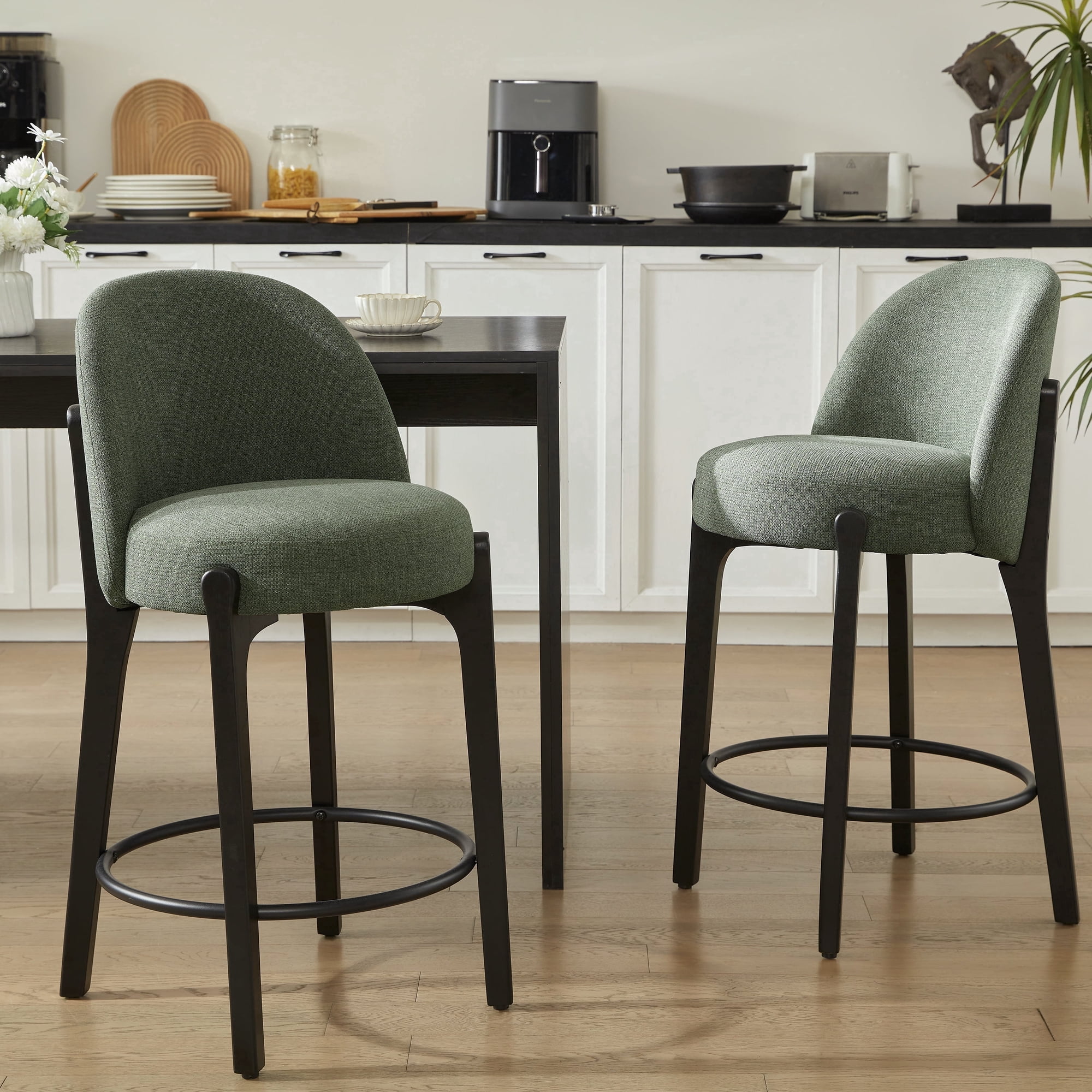Set of 2 Modern Faux Linen Counter Stools with Solid Wood Legs & Foot Ring, Ergonomic Bar Stools for Kitchen Island Home Bar,Green