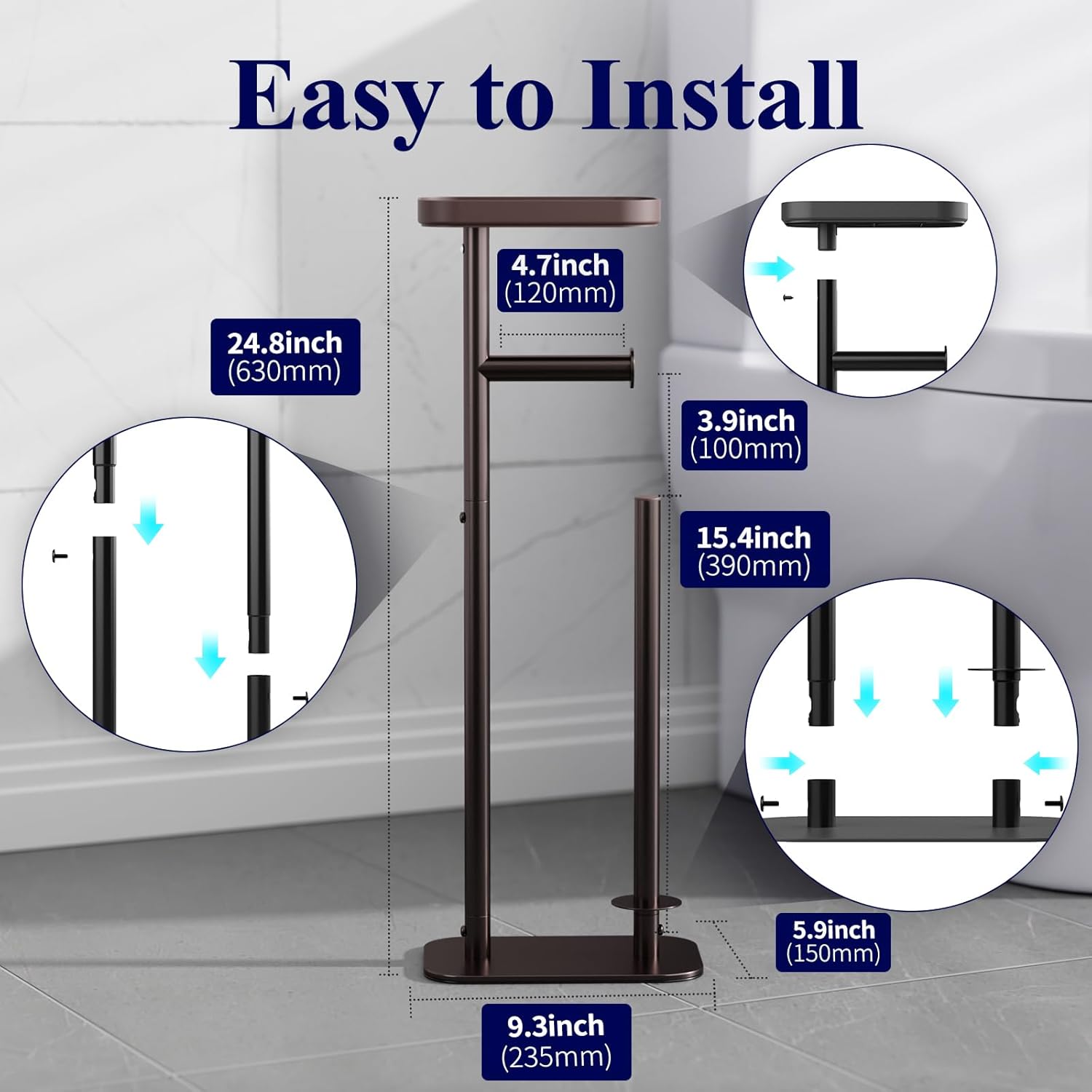 Toilet Paper Holder Free Standing – Rustproof Metal Toilet Paper Stand for 4 Rolls with Anti-Slip Base and Shelf for Phone & Small Items, Bathroom Organizers and Storage, Medium