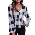 thumbnail image 1 of Imprimir V cuello WRAP Top linterna manga larga ruffle hem mujeres floral impresión abrigo blusa para mujer blanco y negro grande Checker M, 1 of 6