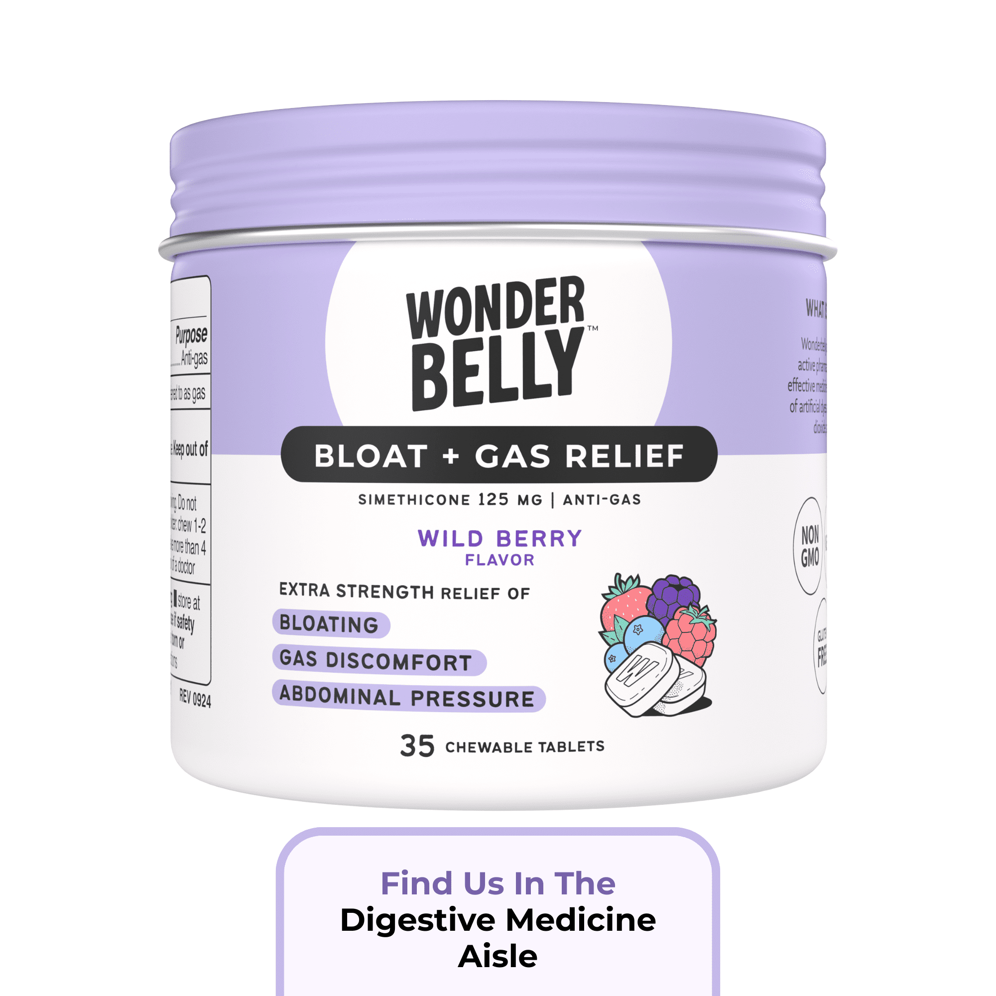 Wonderbelly Bloat and Gas Relief Chewable Tablets, Wild Berry Flavor, 125 mg, 35 Count