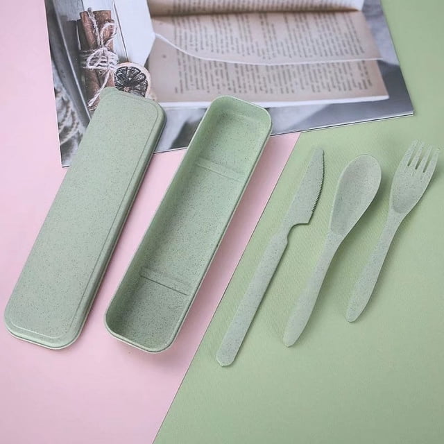 Cubiertos de paja de trigo, cucharas, cuchillos y tenedores reutilizables, juego de vajilla para niños, adultos, viajes, picnics, camping o uso diario (verde)