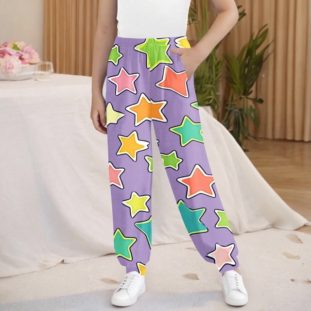 Cowsor Girls Graphic Print Sweatpants Athletic Drawstring Joggers Cute Track Pants with Pockets for Kids