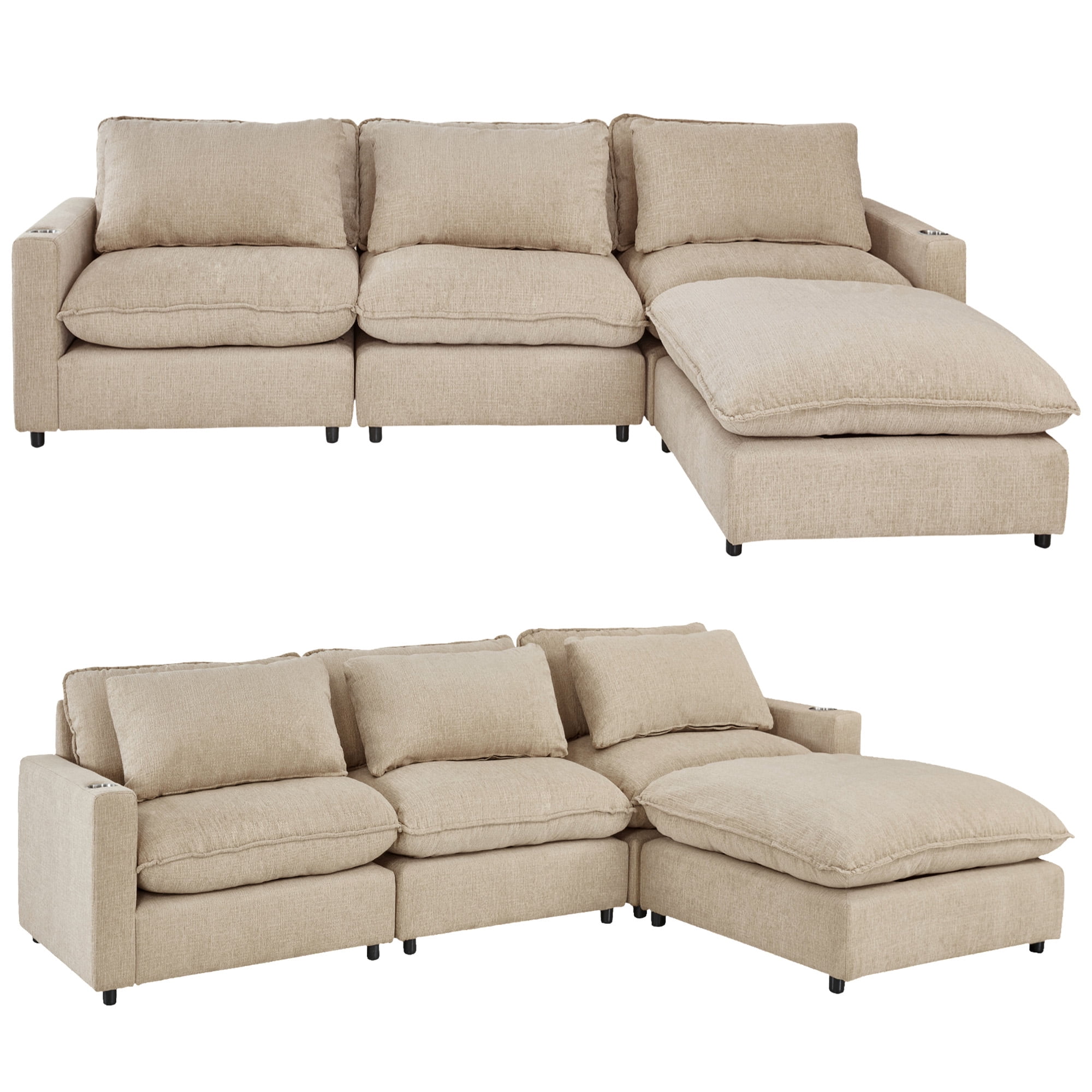 Aukfa 128" Modular Sectional Sofa with Cup Holders, Chenille L Shaped Couch with Convertible Chaise, Beige
