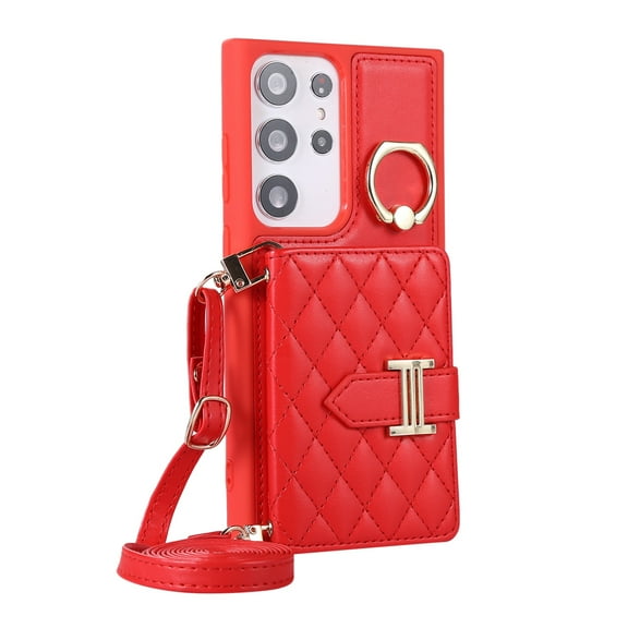 ELEHOLD Wallet Crossbody for Samsung Galaxy S20 Ultra Case with Lanyard Wrist Strap Credit Card Holder, PU Leather Protective Phone Case with Ring Holder,Red