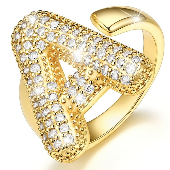 KeyStyle Initial Rings for Women, 14K Gold Plated Shiny Alphabet Letter Rings, Adjustable Statement Ring Personalized Jewelry Birthday Valentine Gift for Wife