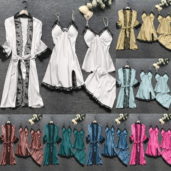 Weiqiqre Womens Pajamas Satin Robe Set 4Pcs Pjs Silk Sleepwear Lace Cami Shorts Loungewear