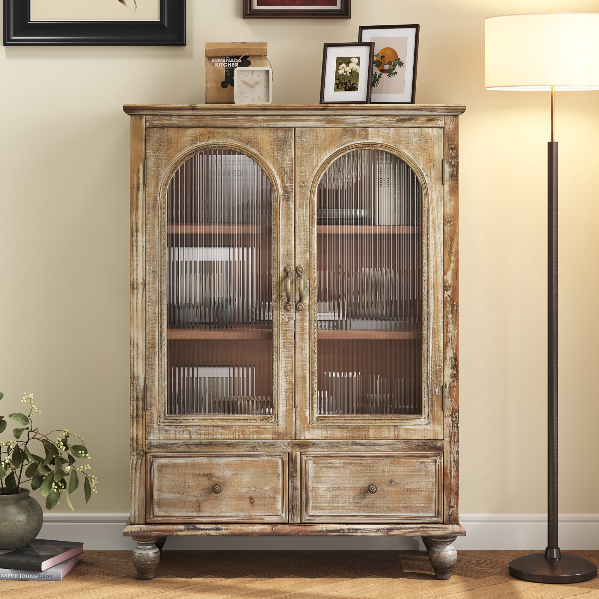 Shaiaield 34.6 Rustic Freestanding Cabinet with 2 Glass Doors & 2 Drawers Farmhouse Small Buffet Cabinet with Shelves Wooden Storage Cabinet for Living Room Dining Room(Distressed Brown)