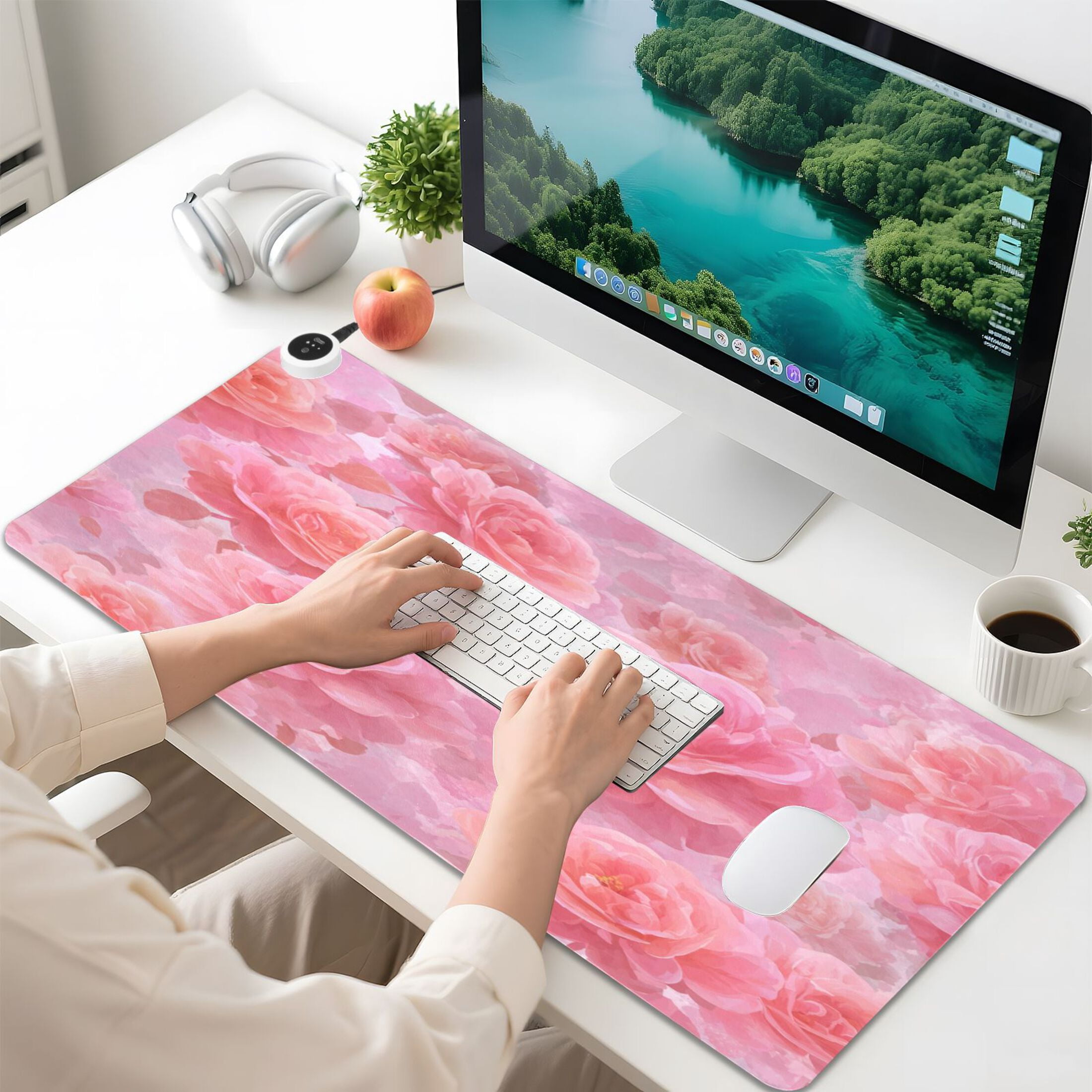 Large Heated Desk Mat Mouse Pad 31.5"x13"PU Leather Graphene Heating Desk Warmer with 3 Temperature Settings 110V US Plug Non-Slip Warm Pad for Home, Office, and Gaming Pale Pink Roses Pattern