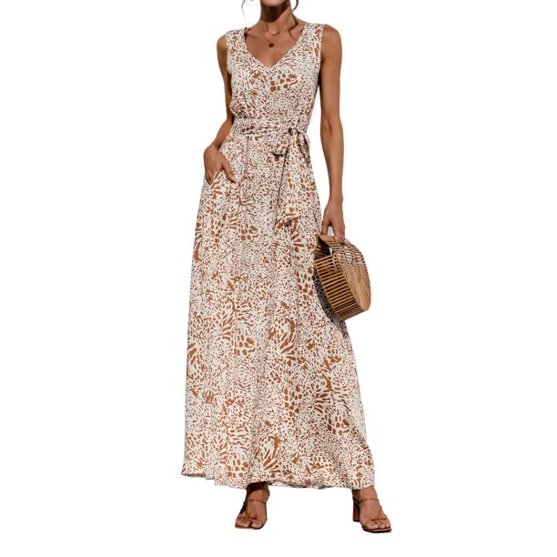 Txlixc Vestido de verano femenino sin mangas vestido de leopardo de cuello V profundo con bolsillos Txlixc moda