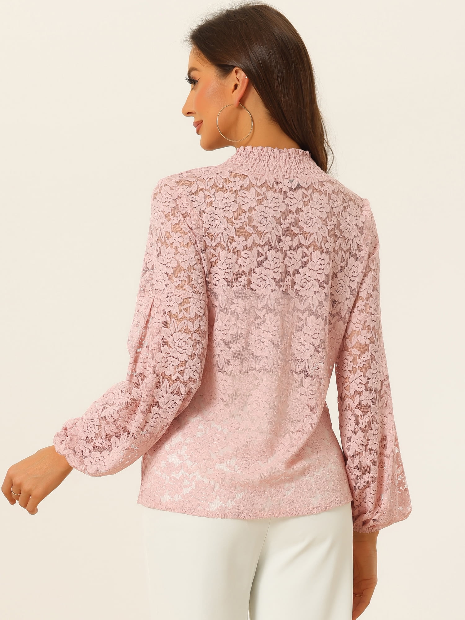 DARING DIVA Lace Elastic Cuff Long Sleeves Vintage Blouse XL Pink