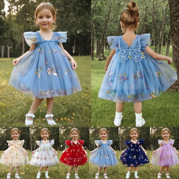 SGFCWSX Girls Princess Dress Butterfly Back Floral Embroidery Ruffle Flutter Sleeve Tulle Tutu Dress for Birthday Party Blue Size 4-5 Years