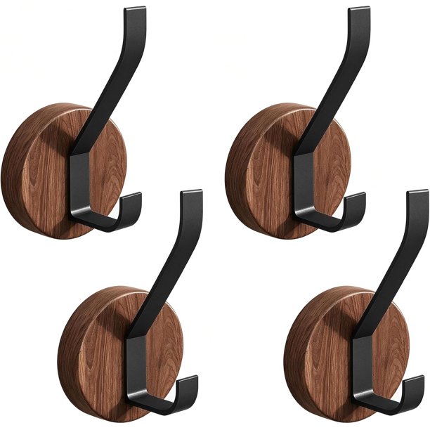 Ganchos Adhesivos de Pared 4PCS, Perchero de Madera para Colgar Abrigo, Ropa, Llaves, Bolsos, Toallas, Ganchos Multiuso con Diseño de Doble Gancho para Baño, Cocina, Dormitorio Entrada y Hogar