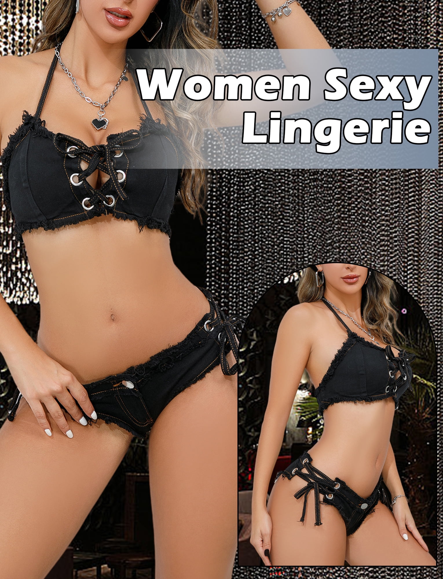 Ausing Womens Lingerie Set Denim Bikini Strappy Bra and Hot Shorts Adjustable Halter Neck Pool Party Nightclub Black L