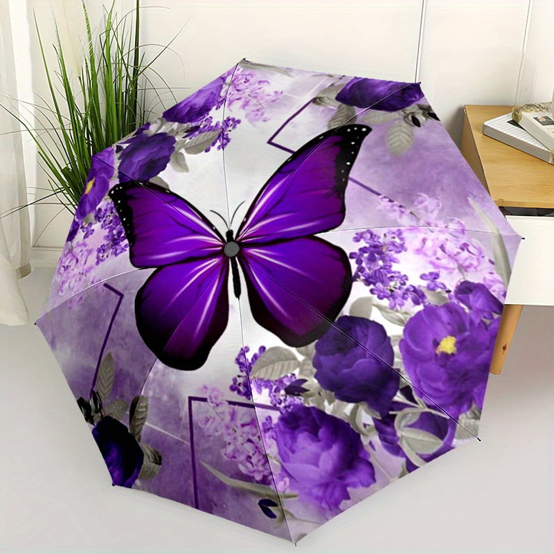 1 automatic folding umbrella - compact and lightweight travel umbrella with elegant purple floral butterfly and lilac patterns