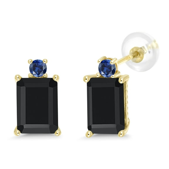 Gem Stone King 3.37 Ct Octagon Black Onyx Blue Created Sapphire 10K Yellow Gold Earrings